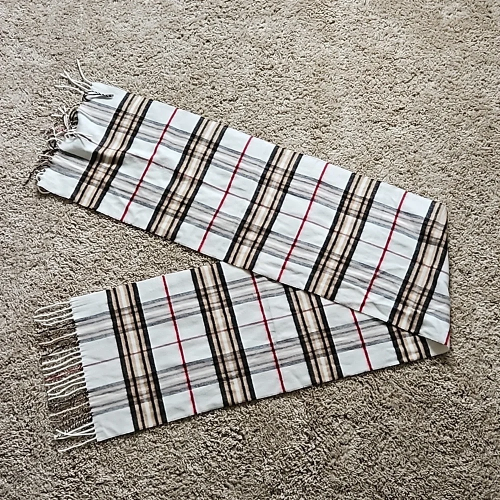 Cashmink plaid scarf, white, browns, red and black